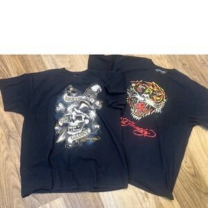 Ed Hardy Mens T-Shirt Lot of 2 Black Tiger Skull Death Or Glory Graphic Tees 2XL